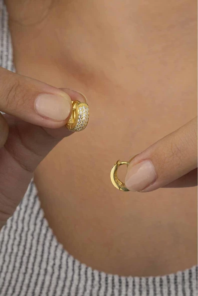 Gümüş Pazarım  3 Sıra Altın Kaplama İtalyan Model Tamtur Kadın Gümüş Küpe - Resim 3