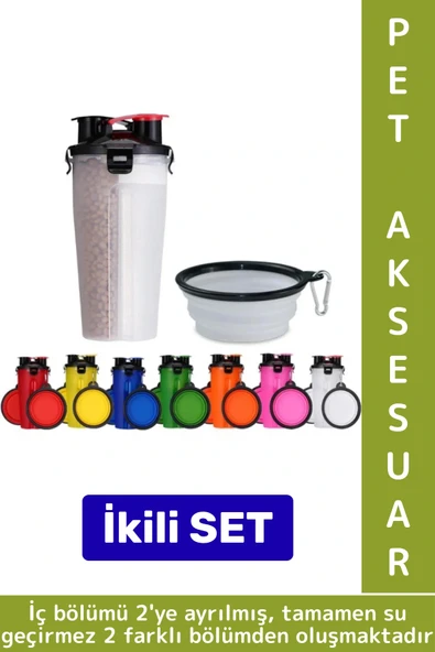 Günlük Seyahat Tipi Evcil Hayvan 2 İç Bölmeli Portatif Pet Kedi Köpek Mama Su Kabı Taşıma Seti ürün görseli