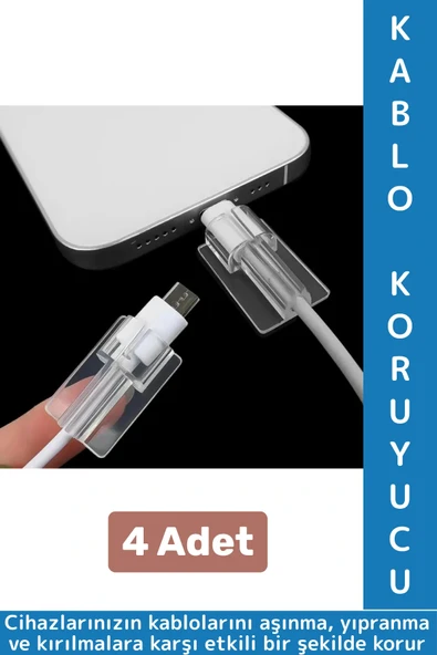 Premium Telefon Şarj Kablosu Aşınma Yıpranma Kırılma Önleyici Şeffaf Silikon Kablo Koruyucu 4 Adet