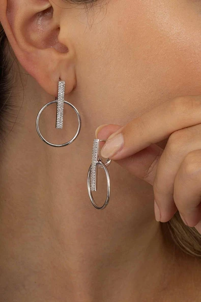 Gümüş Pazarım Yuvarlak Kesim Beyaz Taşlı Yuvarlak Kesim Kadın Gümüş Küpe - 2