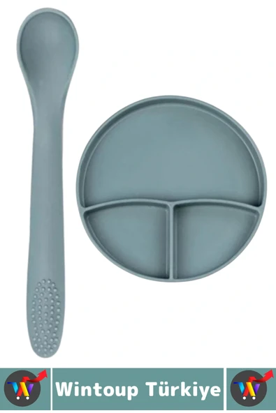 Kaymaz Sağlıklı Önlük Diş Kaşıyıcılı Kaşık Vakumlu Tabak 3 Parça Silikon Bebek Beslenme Seti Yeşil - Resim 2