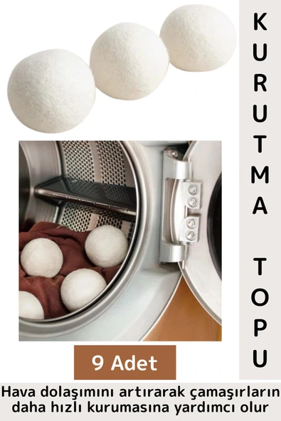 Kırışıklık Azaltan Hızlı Kuruma Sürtünme Engelleyen Çamaşır Makinesi Pratik Yün Kurutma Topu 9 Adet