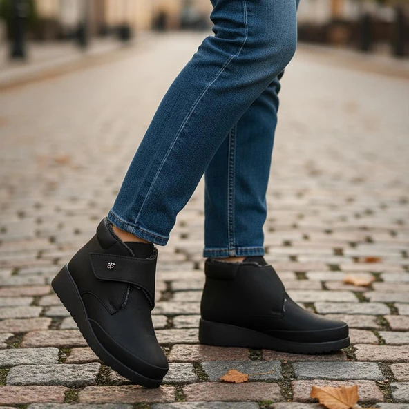 200ZMRT Ortopedik Taban İçi Kürklü Siyah Anne Botu Kadın Cırtlı Bot Ayakkabı - 7