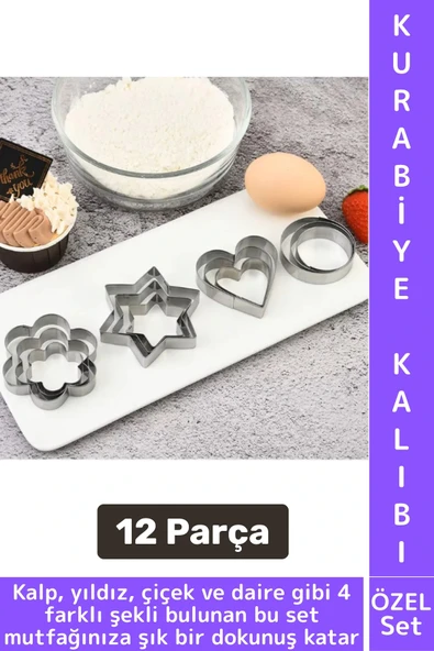 Yanmaz Yapışmaz Şık Yıldız Daire Çiçek Kalp Tasarım Mutfak Omlet Kek Kurabiye Kalıbı Seti 12 Parça ürün görseli