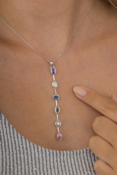 Gümüş Pazarım Renkli Taşlı Süzme Kadın Gümüş Kolye - Resim 3