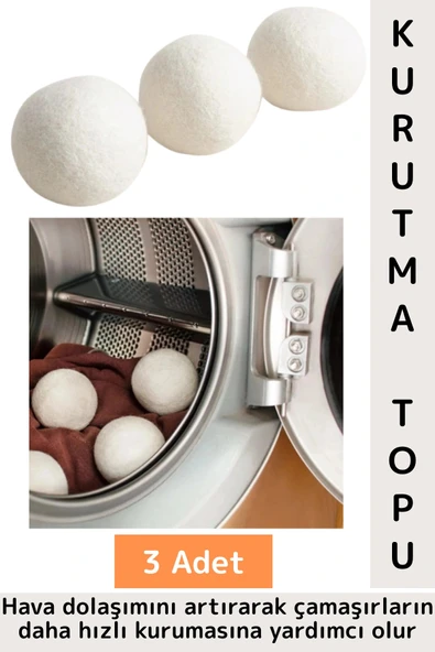 Kırışıklık Azaltan Hızlı Kuruma Sürtünme Engelleyen Çamaşır Makinesi Pratik Yün Kurutma Topu 3 Adet