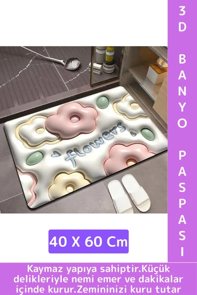 Dayanıklı Uzun Ömürlü Kaymaz Leke Tutmaz Ultra Su Nem Koku Emici Çok Şık 3D Banyo Paspası 40x60 Cm ürün görseli