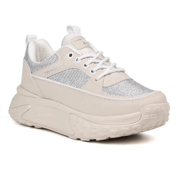 Kadın Kalın Tabanlı Bej Parlak Sneaker Spor Ayakkabı – Rahat, Şık ve Günlük Kullanıma Uygun - 7