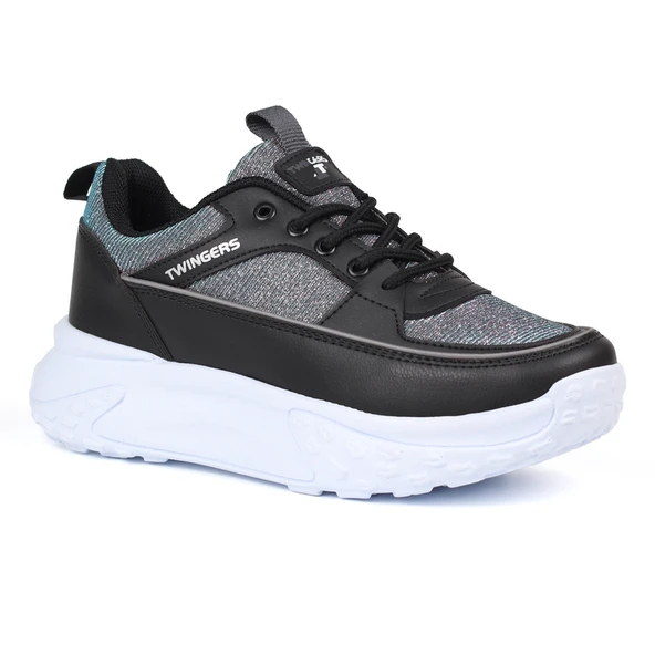 Kadın Kalın Tabanlı Siyah Gümüş Parlak Sneaker Spor Ayakkabı – Rahat, Şık ve Günlük Kullanıma Uygun - Resim 3