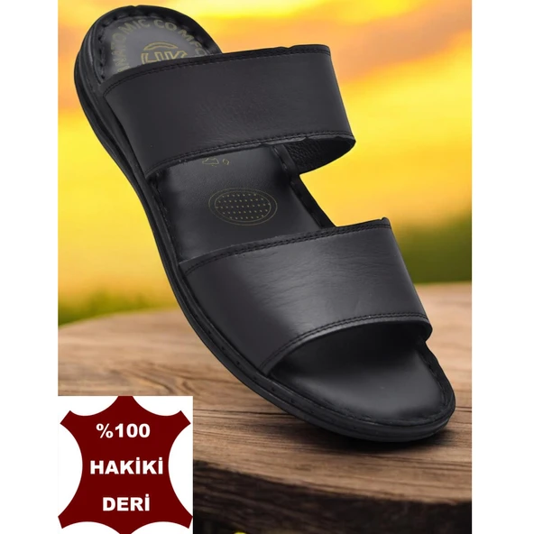 039 Günlük Ortopedik Taban  Hakiki Deri Erkek Terlik Puff Yumuşak İç Taban
