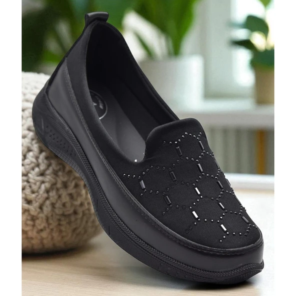 100 Streçli Taşlı Ortopedik Taban Günlük Kadın Ayakkabı Babet Casual Günlük Ayakkabı