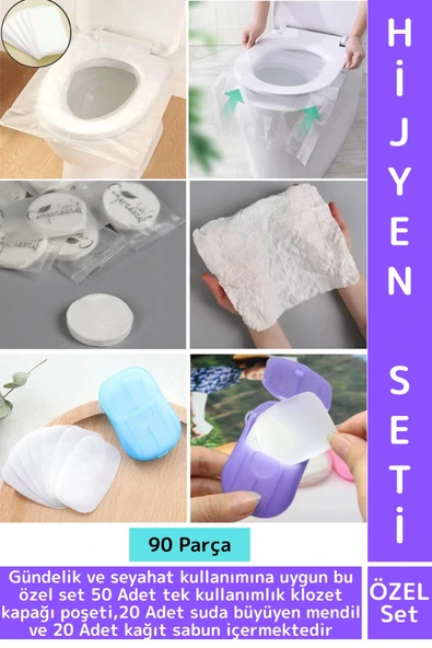Seyahat 50 Adet Klozet Kapak Örtüsü 20 Adet Suda Büyüyen Mendil 20 Adet Kağıt Sabun Özel Hijyen Seti ürün görseli