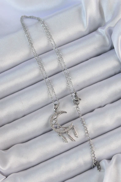 316L Çelik Zincir Gümüş Renk İşlemeli Zirkon Taşlı Ay Kolye - 2