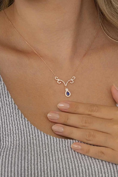 Gümüş Pazarım Safir Renkli Damla Kesim Su Yolu Kadın Gümüş Kolye - Resim 2