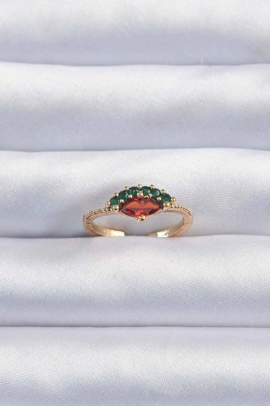 Pirinç Altın Renk Renkli Zirkon Taşlı Ayarlanabilir Karpuz Model Yüzük ürün görseli 1