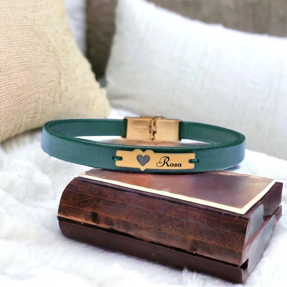 14 Ayar Altın Plakalı İsme Özel Kalp Motifli Doğal Yeşil Derili Hediye Bileklik-573 - Resim 2