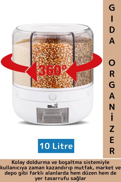 Ergonomik Yüksek Kaliteli Plastik Pratik 360° Döner Mutfak Kuru Gıda Bakliyat Organizeri 10 Litre - 1