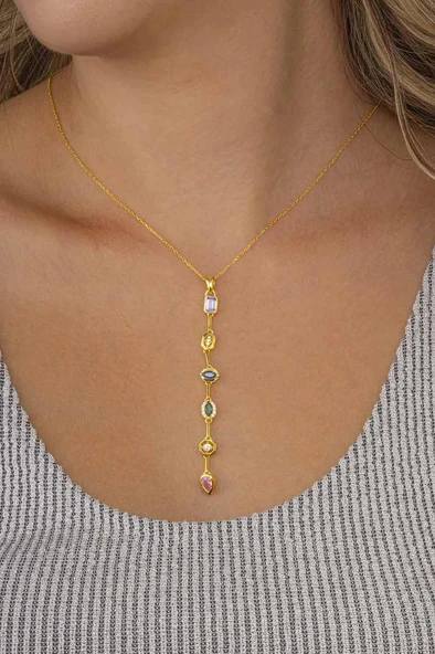 Gümüş Pazarım Renkli Taşlı Süzme Altın Kaplama Kadın Gümüş Kolye ürün görseli 1