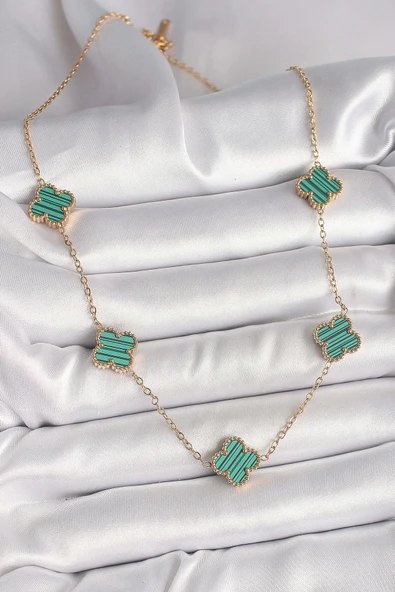 316L Çelik Gold Renk Zincir Yeşil Yonca Model Kadın Kolye - Resim 2