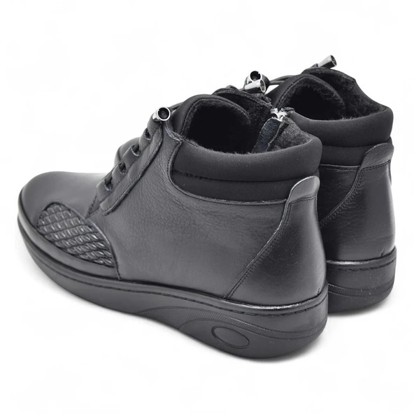 1454 Tam Ortopedik Siyah Hakiki Deri Kadın Bot Lastikli Fermuarlı Anne Kışlık Deri Bot - 5