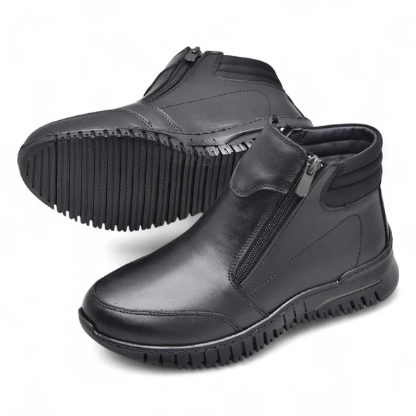 1456 Tam Ortopedik Siyah Hakiki Deri Kadın Bot Çift Fermuarlı Anne Kışlık Deri Bot - Resim 4