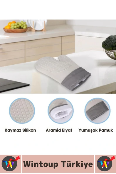 Kaymaz Yanmaz Fırın Ocak Tencere Izgara Mutfak Yüksek Isıya Dayanıklı Silikon Fırın Eldiveni 1 Adet - Resim 4