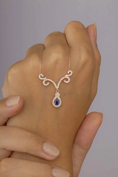 Gümüş Pazarım Safir Renkli Damla Kesim Su Yolu Kadın Gümüş Kolye ürün görseli 1