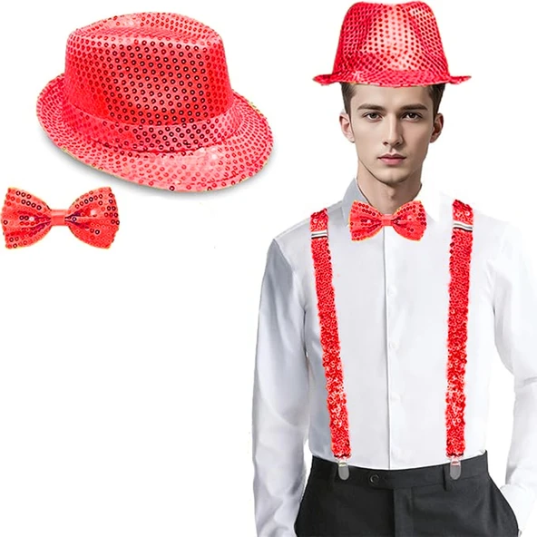 Kırmızı Payetli Şapka ve Papyon Seti – Parıltılı Yetişkin Kostüm Seti ürün görseli