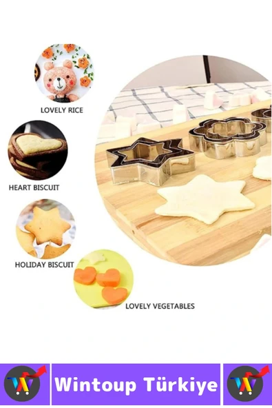 Yanmaz Yapışmaz Şık Yıldız Daire Çiçek Kalp Tasarım Mutfak Omlet Kek Kurabiye Kalıbı Seti 12 Parça - Resim 4