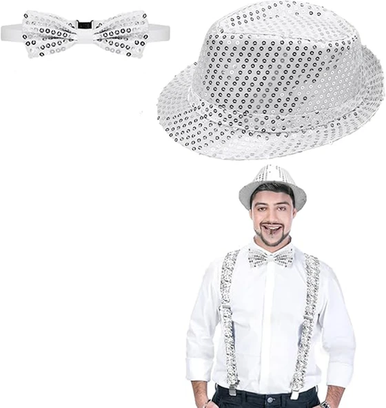 Gümüş Payetli Şapka ve Papyon Seti – Parıltılı Yetişkin Kostüm Seti ürün görseli