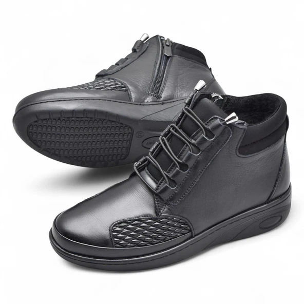 1454 Tam Ortopedik Siyah Hakiki Deri Kadın Bot Lastikli Fermuarlı Anne Kışlık Deri Bot - 4