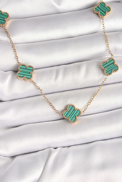 316L Çelik Gold Renk Zincir Yeşil Yonca Model Kadın Kolye ürün görseli 1