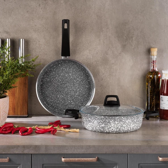 SMS Schafer Eternal Basık Tencere 26 cm + Tava 26 cm-2'li 3 Parça Cam Kapaklı Set-Gri