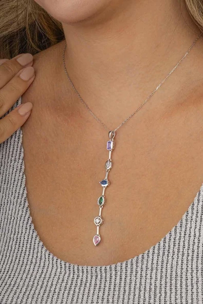 Gümüş Pazarım Renkli Taşlı Süzme Kadın Gümüş Kolye - Resim 2