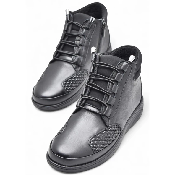 1454 Tam Ortopedik Siyah Hakiki Deri Kadın Bot Lastikli Fermuarlı Anne Kışlık Deri Bot - 2