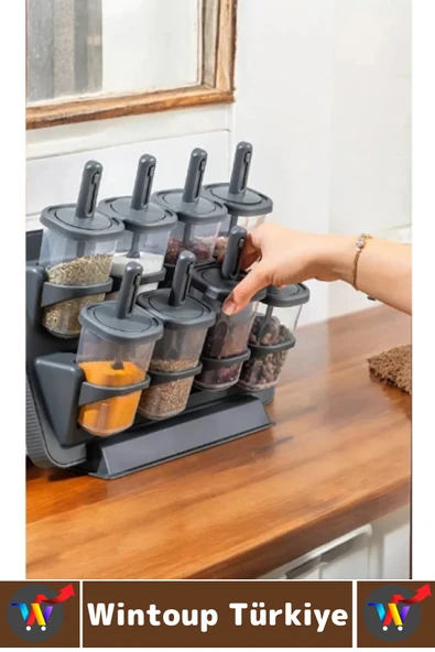 Premium Mutfak Tezgah Üstü Duvara Monte Edilebilir Standlı Çok Şık Kaşıklı Baharatlık 8 Parça 350 ML - Resim 2
