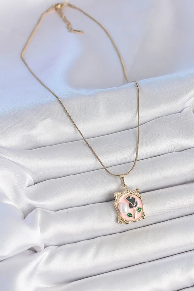 316L Çelik Gold Renk Zincir Pembe Mineli Çiçek İşlemeli İnci Detay Kadın Kolye - Resim 2