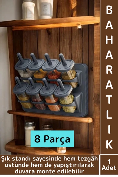 Premium Mutfak Tezgah Üstü Duvara Monte Edilebilir Standlı Çok Şık Kaşıklı Baharatlık 8 Parça 350 ML ürün görseli