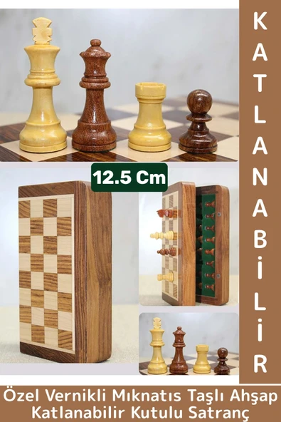 Premium Yüksek Kalite Özel Vernikli Mıknatıs Taşlı Ahşap Katlanabilir Kutulu Satranç Takımı 12.5 Cm ürün görseli