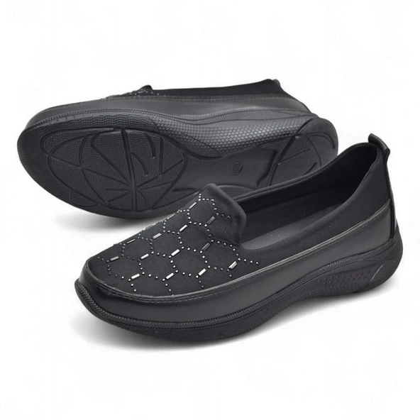 100 Streçli Taşlı Ortopedik Taban Günlük Kadın Ayakkabı Babet Casual Günlük Ayakkabı - 4