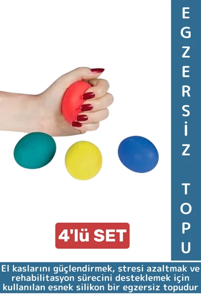 Ergonomik Stres Egzersiz Rehabilitasyon Fizyoterapi Silikon El Bilek Parmak Güçlendirme Topu 4lü SET