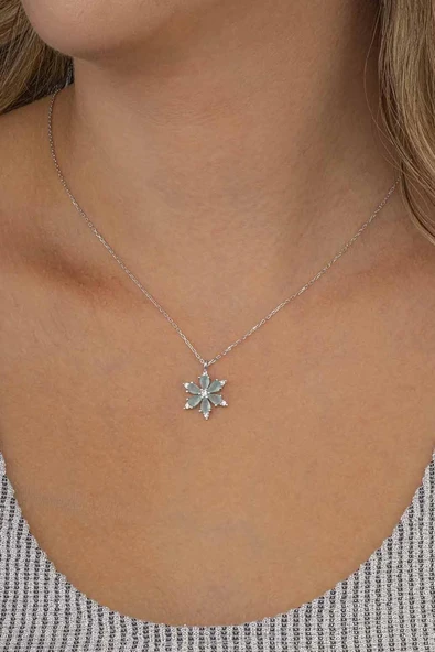 Gümüş Pazarım Su Yeşili Aster Çiçeği Kadın Gümüş Kolye - Resim 2