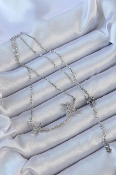 316L Çelik Zincir Gümüş Renk Zirkon Taşlı Kutup Yıldızı Kolye - TJ-BKO9140 - Resim 2