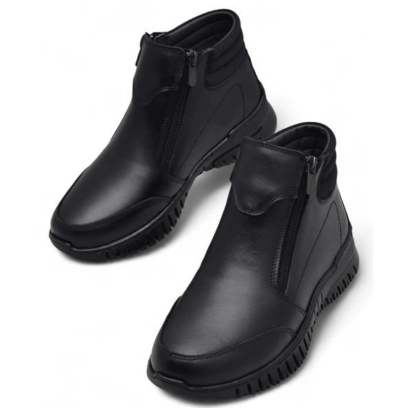 1456 Tam Ortopedik Siyah Hakiki Deri Kadın Bot Çift Fermuarlı Anne Kışlık Deri Bot - Resim 2