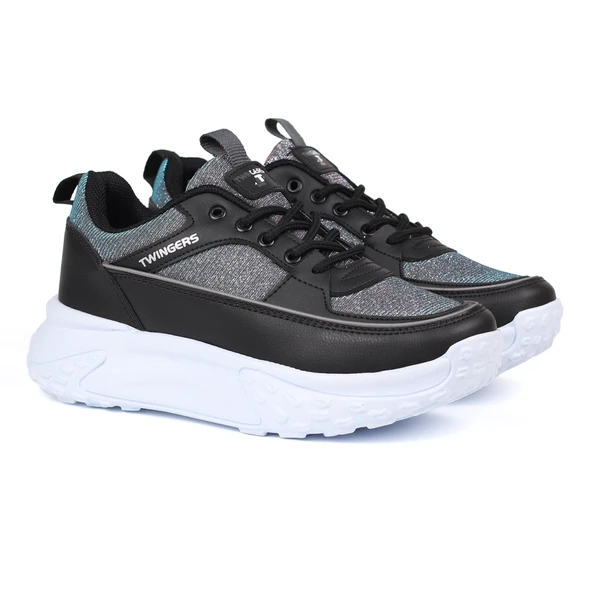 Kadın Kalın Tabanlı Siyah Gümüş Parlak Sneaker Spor Ayakkabı – Rahat, Şık ve Günlük Kullanıma Uygun - Resim 2