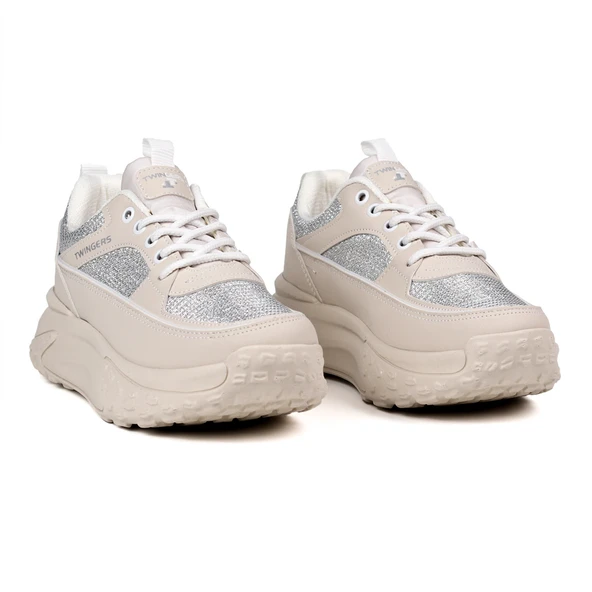 Kadın Kalın Tabanlı Bej Parlak Sneaker Spor Ayakkabı – Rahat, Şık ve Günlük Kullanıma Uygun - 9