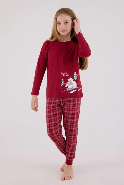 Arnetta Garson Kız Çocuk Aile %100 Pamuklu 4 Mevsim Ekoseli Uzun Kollu Pijama Takım