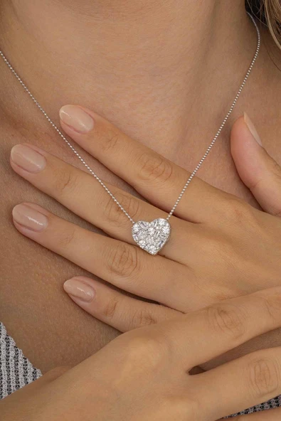 Gümüş Pazarım Baget Taşlı Top Zincirli Kalp Kadın Gümüş Kolye ürün görseli 1