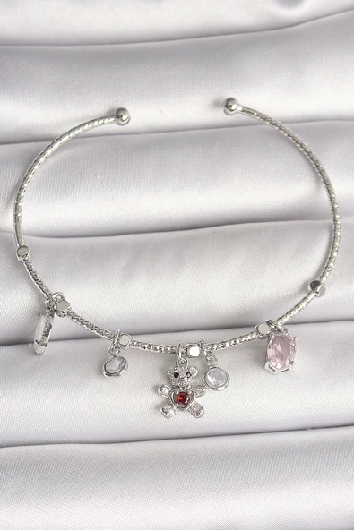 Pirinç Gümüş Renk Sallantı Zirkon Taşlı  Charm Kadın Bileklik ürün görseli 1