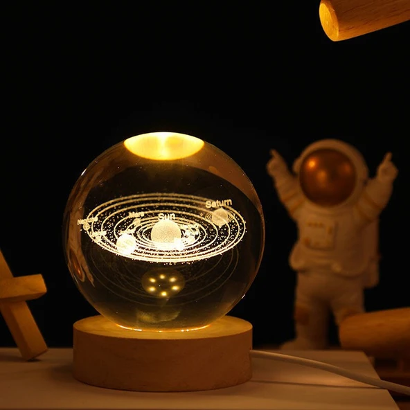 Gezegenler Temalı Ahşap Altlıklı Işıklı Cam Küre ürün görseli
